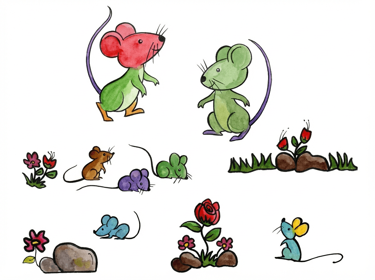 varios dibujos infantiles de ratones coloreados con crayones. Dos ratones grandes de perfil, uno rosa y otro verde, mirándose. Debajo, recortes pegados: un ratón grande acostado con cinco ratoncitos pequeños encima, flores, pasto y pequeños dibujos de ratones azules, amarillos y marrones. Estilo collage infantil.