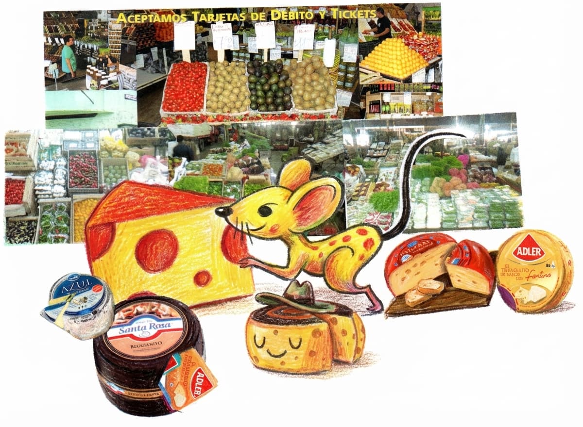 collage de fotos de un supermercado real: góndolas con frutas, verduras y quesos. Sobre estas fotos, un dibujo de un ratón amarillo saltando entre distintos quesos (rojo, azul, Adler, queso fresco). También hay recortes de envases de queso (Adler, Santa Rosa, etc.).