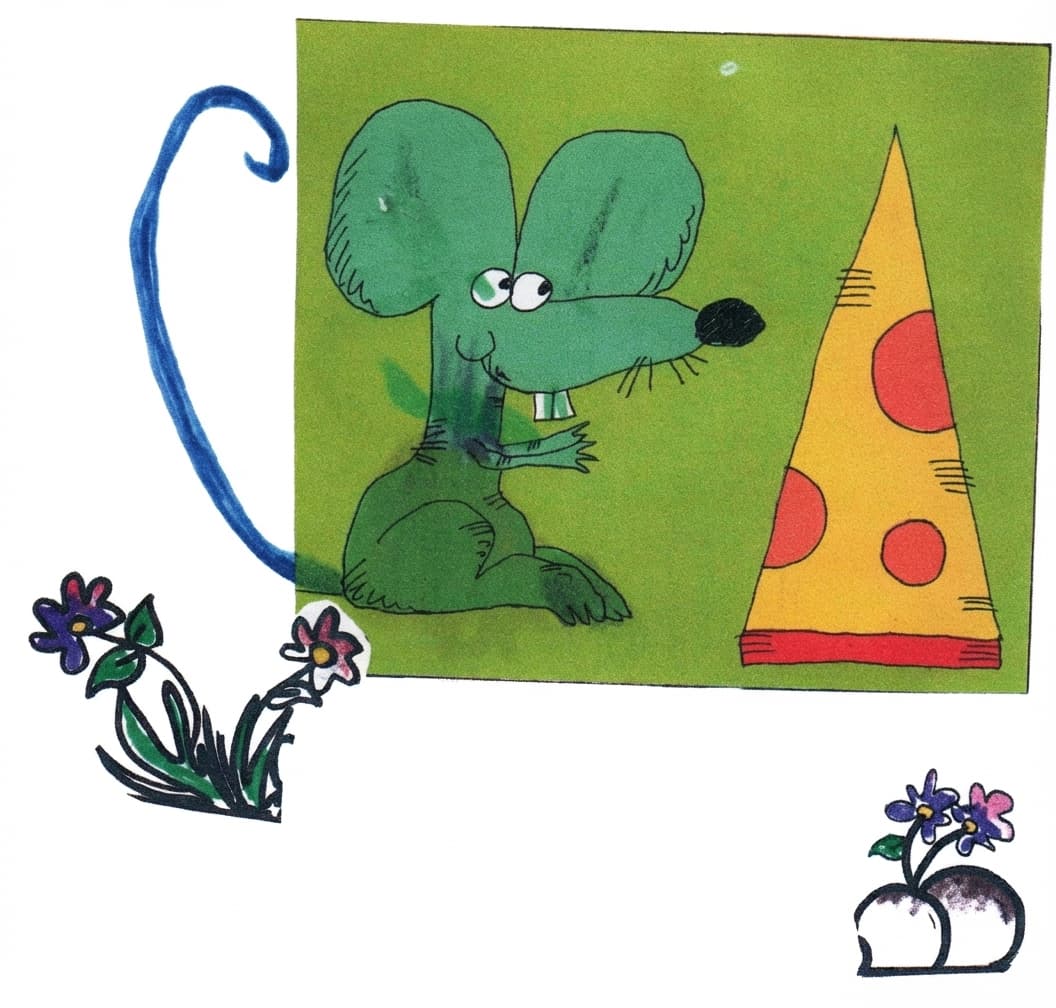 dibujo grande de un ratón verde sentado junto a un triángulo grande de queso amarillo con lunares rojos. Alrededor hay pequeñas flores dibujadas y recortadas. El ratón está sonriente y sentado sobre un fondo verde rectangular.