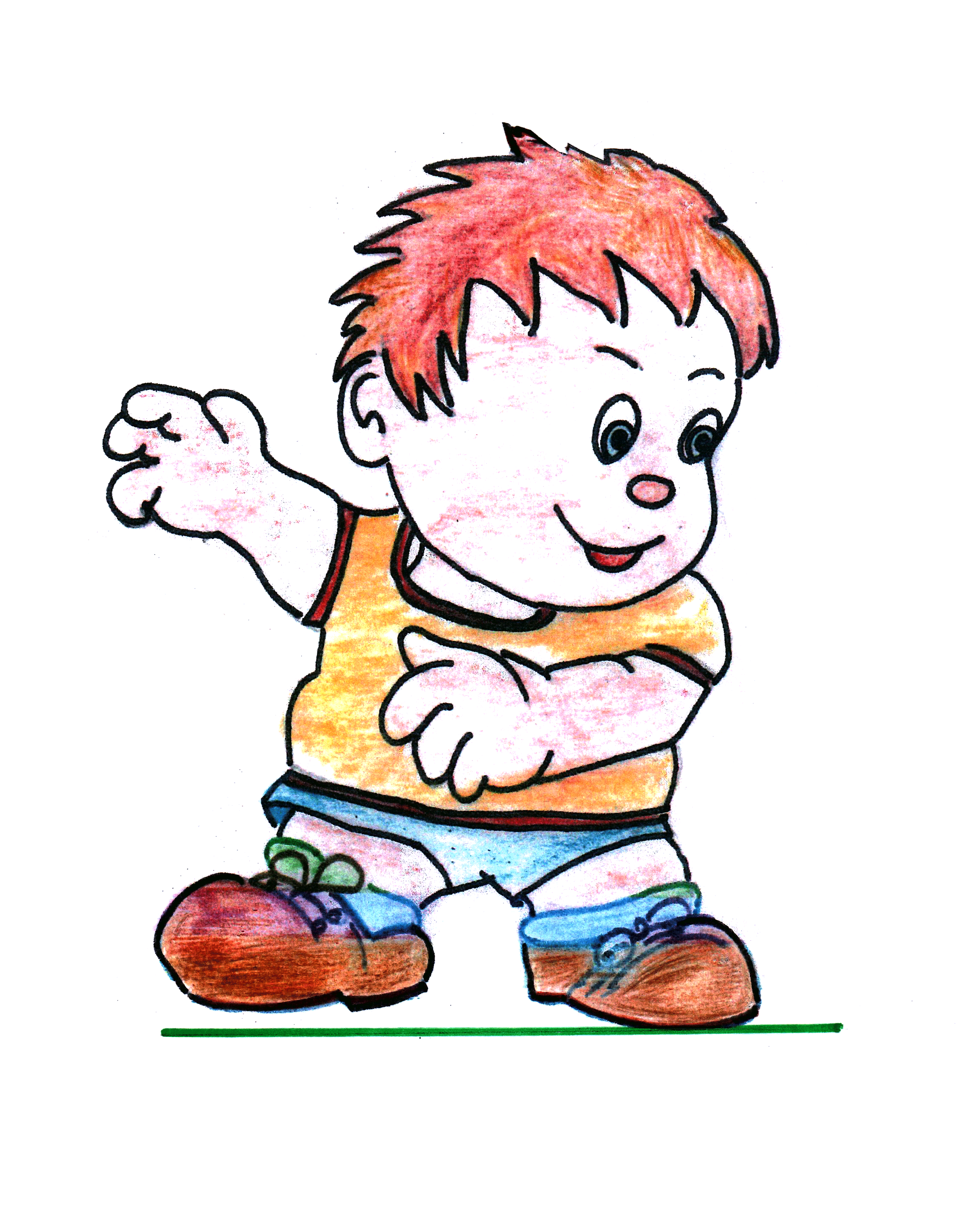 Nacho feliz, sonriendo, con ambos zapatos marrones puestos. Está de pie, brazos abiertos como celebrando.