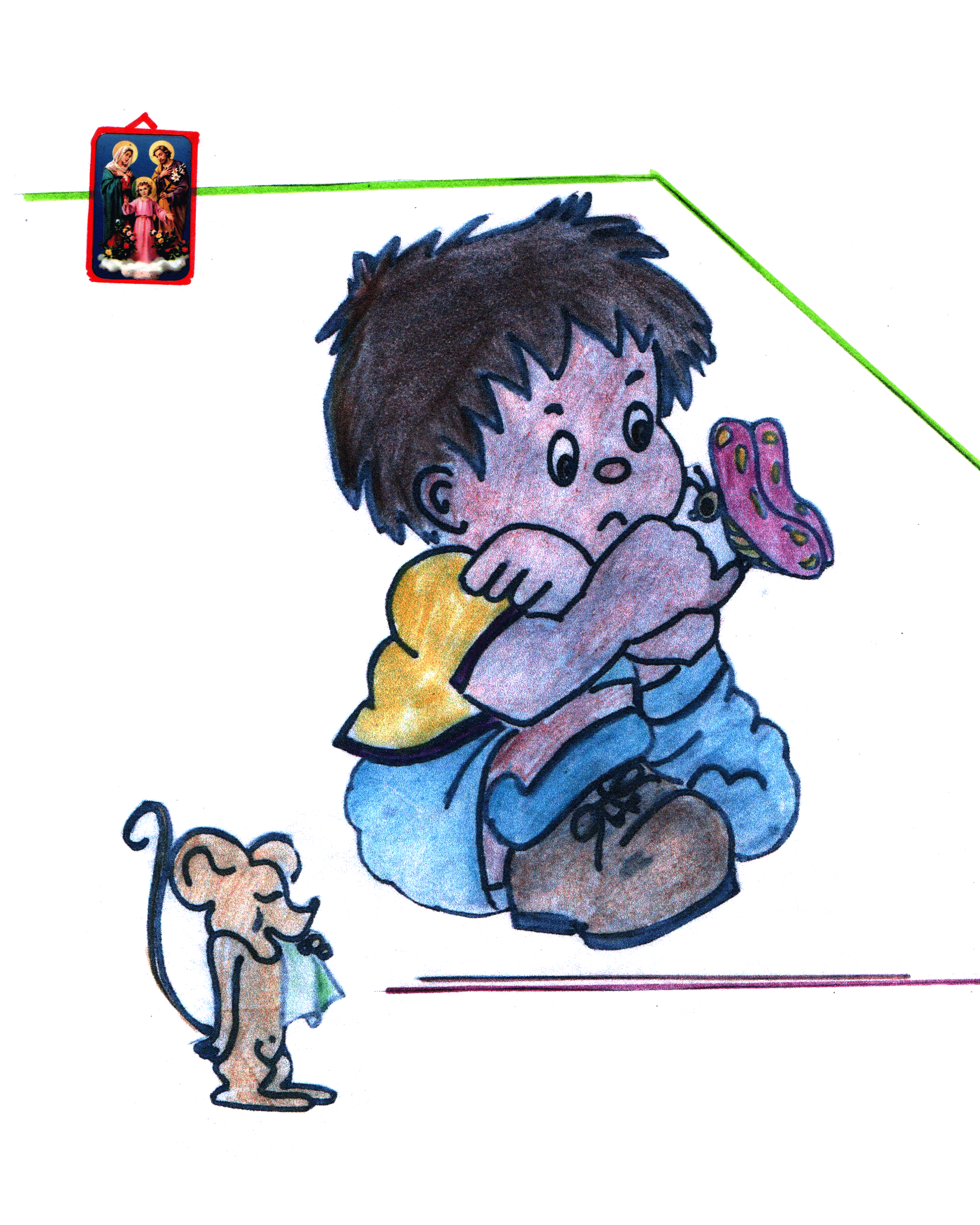 Nacho sentado con expresión preocupada, sosteniendo un zapato rosa con moñito. Lleva mochila amarilla y zapatilla marrón en un pie. A su lado, un ratoncito beige lo observa.