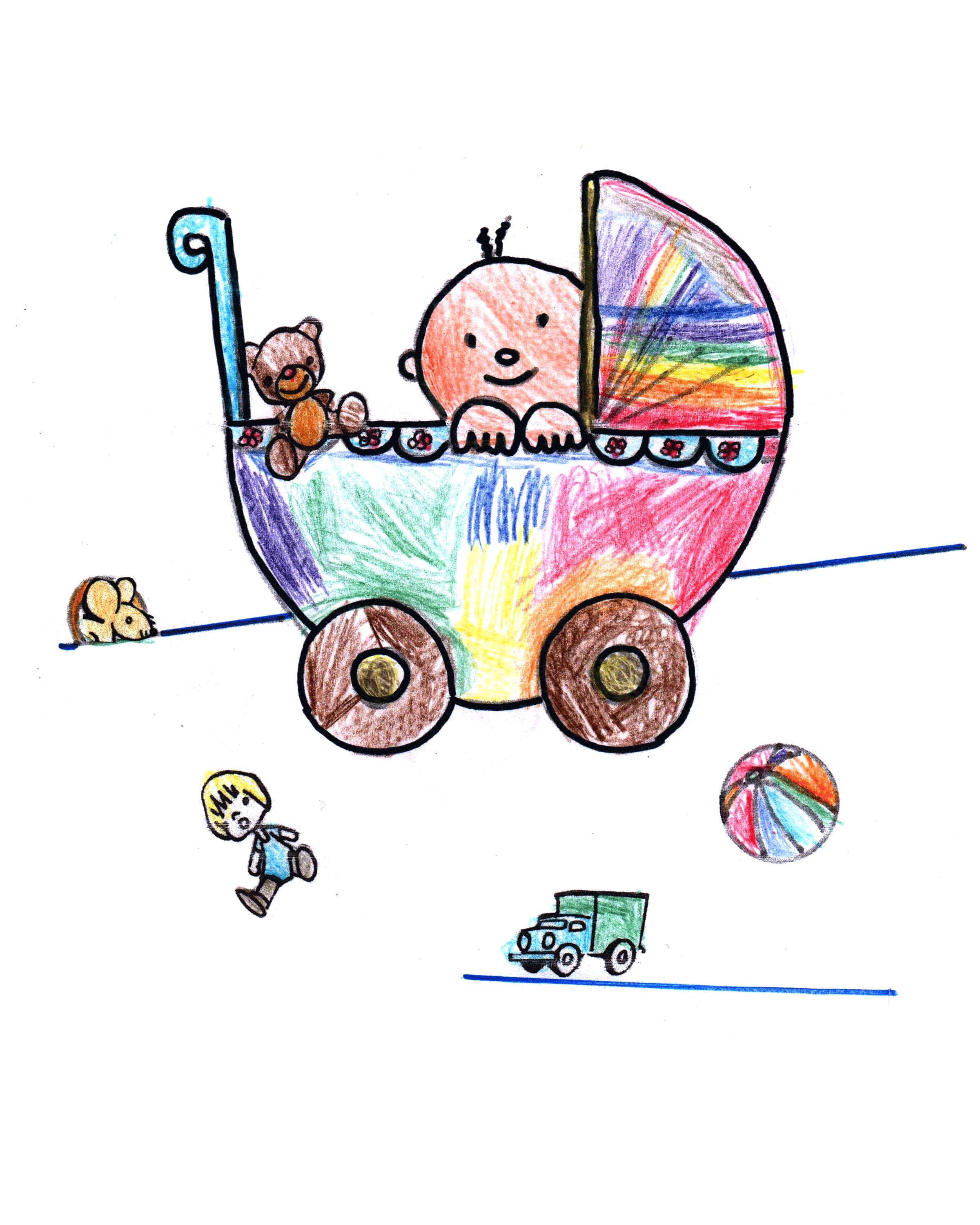 cochecito de bebé multicolor con rayas, dentro un bebé sonriente y un osito. Alrededor: una pelota grande rayada, un camión verde de juguete y un niño corriendo.