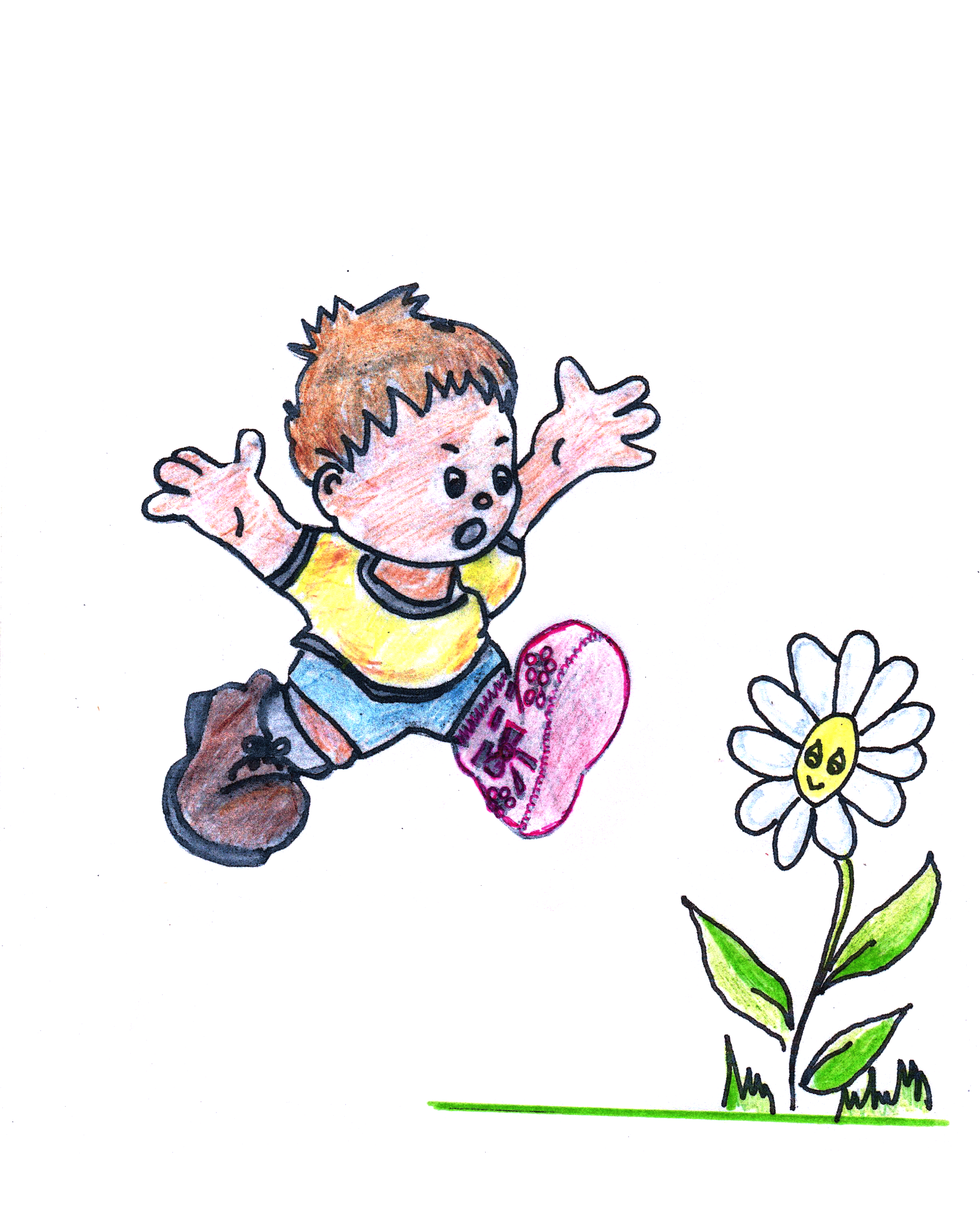 Nacho saltando sorprendido. En un pie tiene su zapatilla marrón, en el otro un escarpín rosa con suela estampada. Frente a él, una flor grande sonriente.