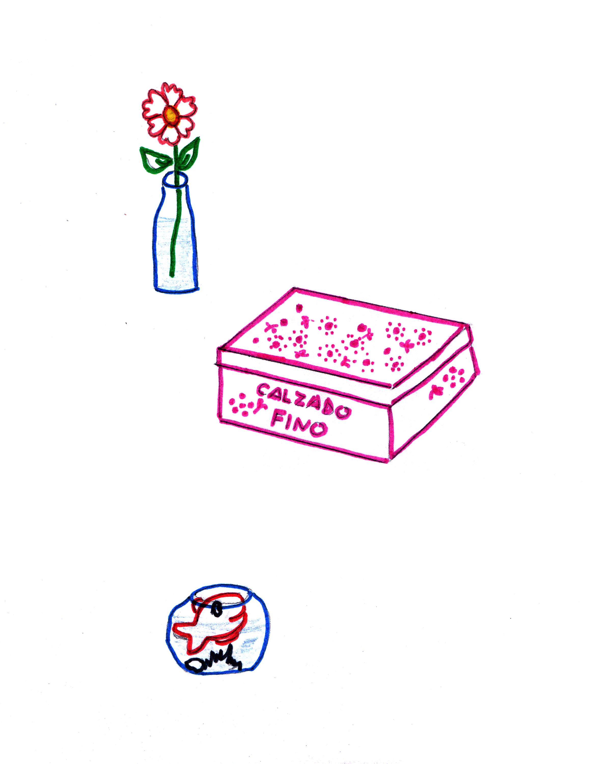 una caja rosa decorada con puntitos y flores que dice CALZADO FINO. A la izquierda, un florero azul con una flor roja.