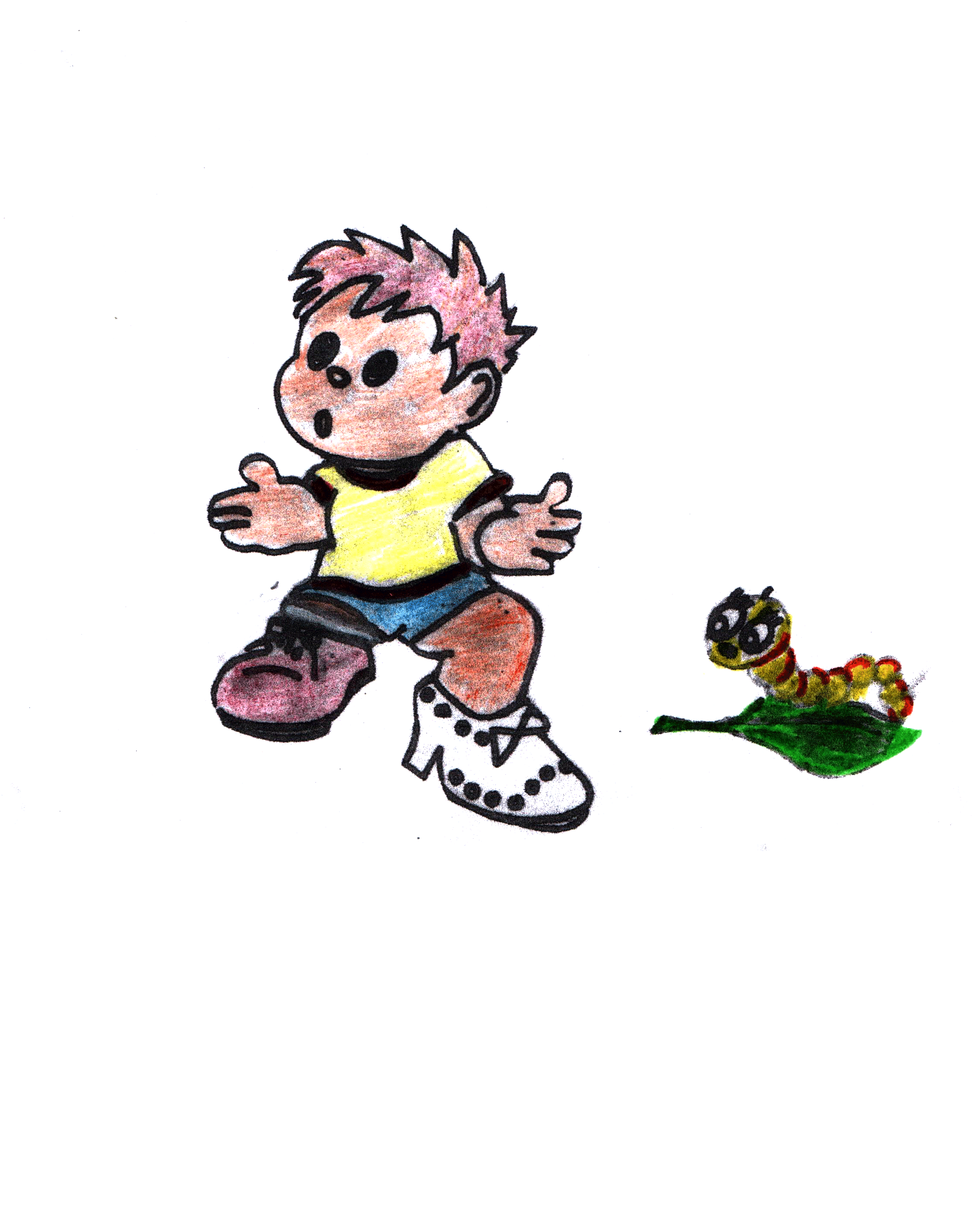 Nacho sorprendido mirando dos zapatos distintos: uno marrón y, en el otro pie, un zapato blanco de taco alto que obviamente es de mamá. A la derecha, una oruga verde y amarilla lo observa desde una hoja.