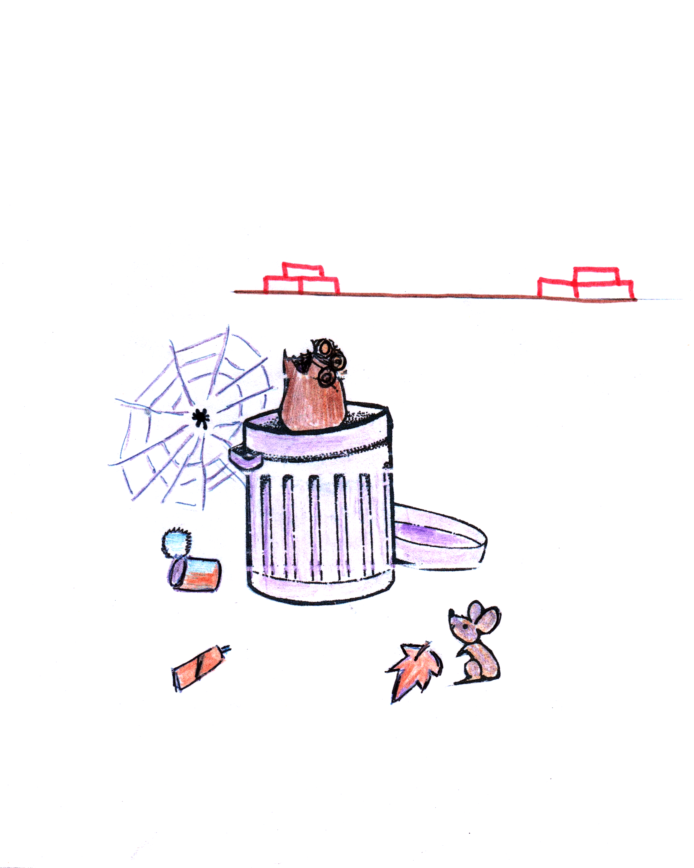 un tacho de basura plateado. Encima, un gato marrón sentado. A un lado, telaraña grande con araña. Hay objetos tirados: pasta dental, hoja, un ratón mirando hacia arriba.