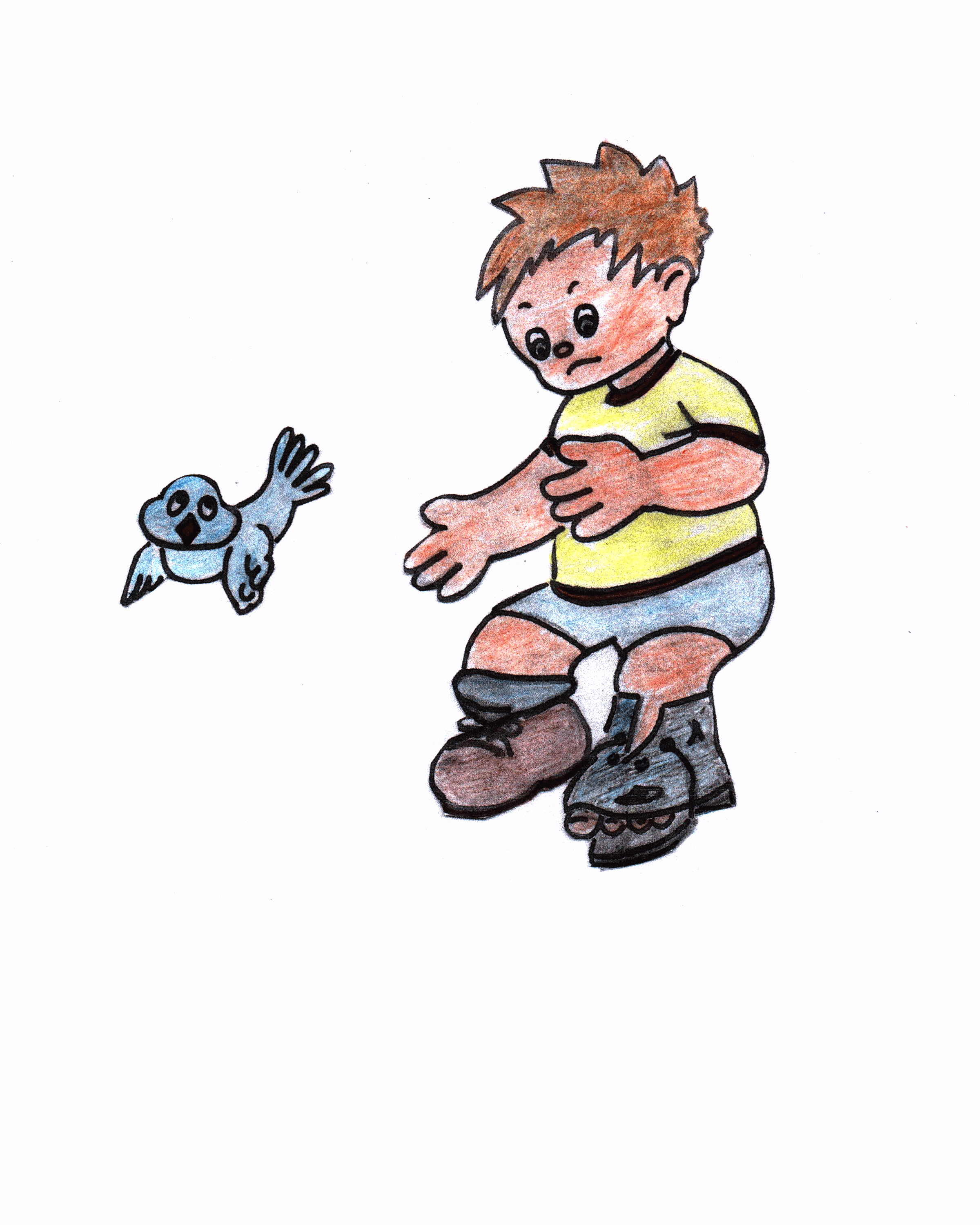 Nacho mirando un zapato roto y viejo que lleva puesto. A su lado, un pajarito celeste vuela con curiosidad.