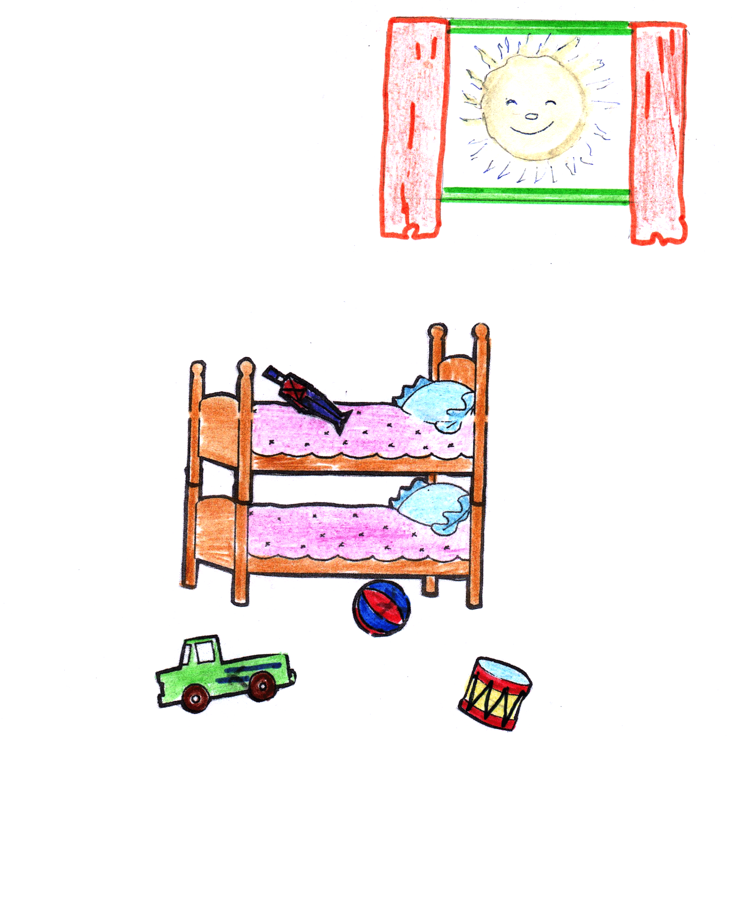 habitación con cama cucheta de madera. En la cama hay un muñeco tirado. Abajo hay una pelota, un camión verde, un tambor. Arriba, ventana con el sol sonriente.