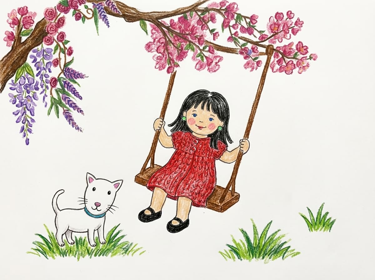 una muñeca tejida llamada Pepita columpiándose en una hamaca hecha con hilo; encima hay ramas y hojas dibujadas; abajo hay un pequeño dibujo recortado de un gatito blanco con ropa roja; también hay pequeños pastos dibujados.