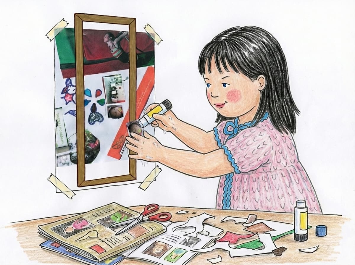 fotografía de un collage sobre mesa: hilos, papeles, recortes, una regla naranja, y una foto de una mujer; arriba un marco dibujado sobresale mostrando que la obra es más grande que el marco.