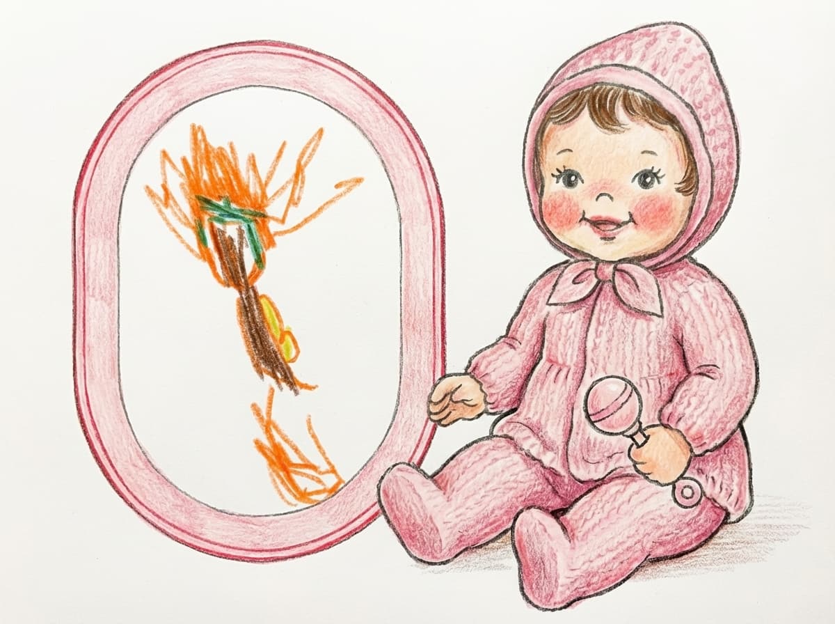 dibujo infantil con crayón naranja representando a Martina; Pepita bebé (muñeca) vestida de rosa, con chupete; fondo blanco.