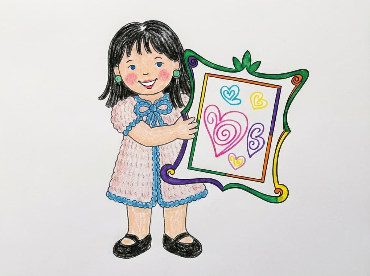 dibujo de varios corazones dentro de un marco decorado muy colorido hecho con marcador y líneas onduladas; decoración floral arriba del marco.