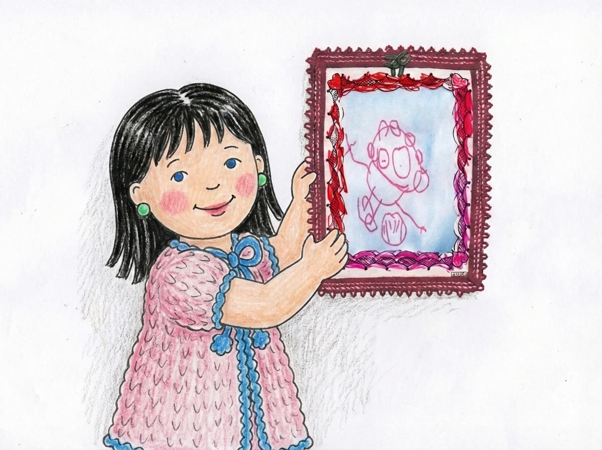 dibujo infantil de un muñeco en marcador rosa dentro de un marco grande rojo con bordes decorativos; estilo marco de encaje.