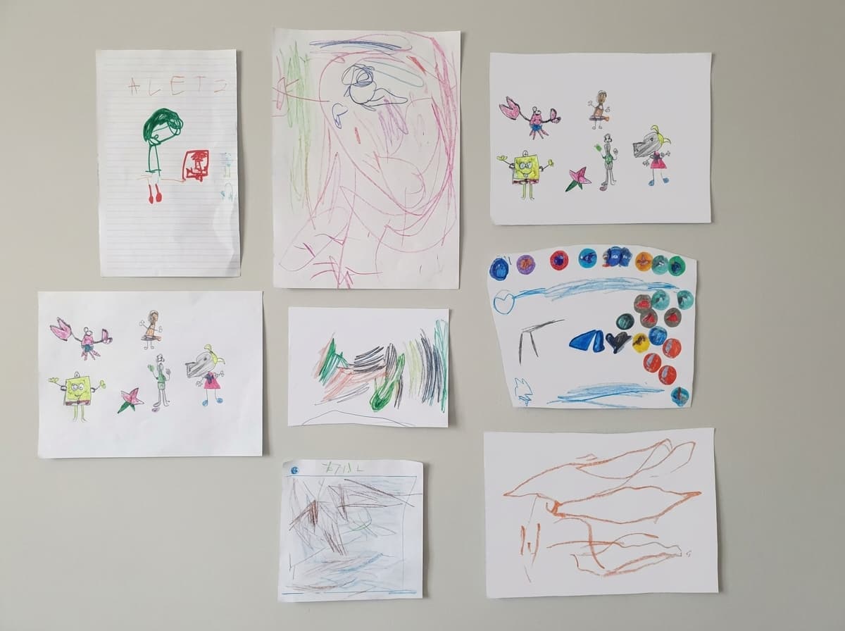 foto de una heladera verde con múltiples dibujos infantiles pegados con cinta: flores, nenas, animales, trazos abstractos.