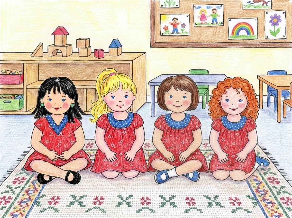 muñecas tejidas con uniformes rojos sentadas en un aula de juguete; al fondo hay una maqueta de puertas y armarios; tres muñecas posan como si fueran compañeras de clase.