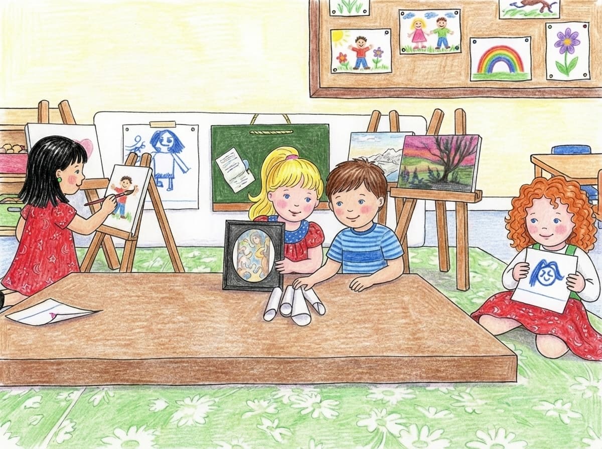 aula de arte infantil hecha con muñecos tejidas y recortes; Pepita y otras muñecas pintando; hay una mesa grande con hojas, dibujos, pinceles; paredes con dibujos pegados.