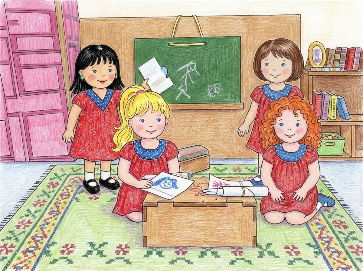 cuatro muñecas tejidas con uniformes rojos en un aula; en la mesa hay crayones, papeles y dibujos; detrás un pizarrón con un monigote dibujado en tiza.