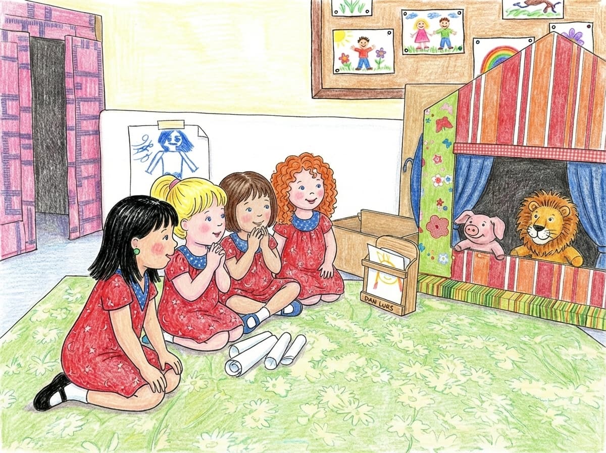 escena de teatro de títeres con muñecas sentadas mirando; en el escenario hay un títere de león y un títere de cerdo dentro de una casita.