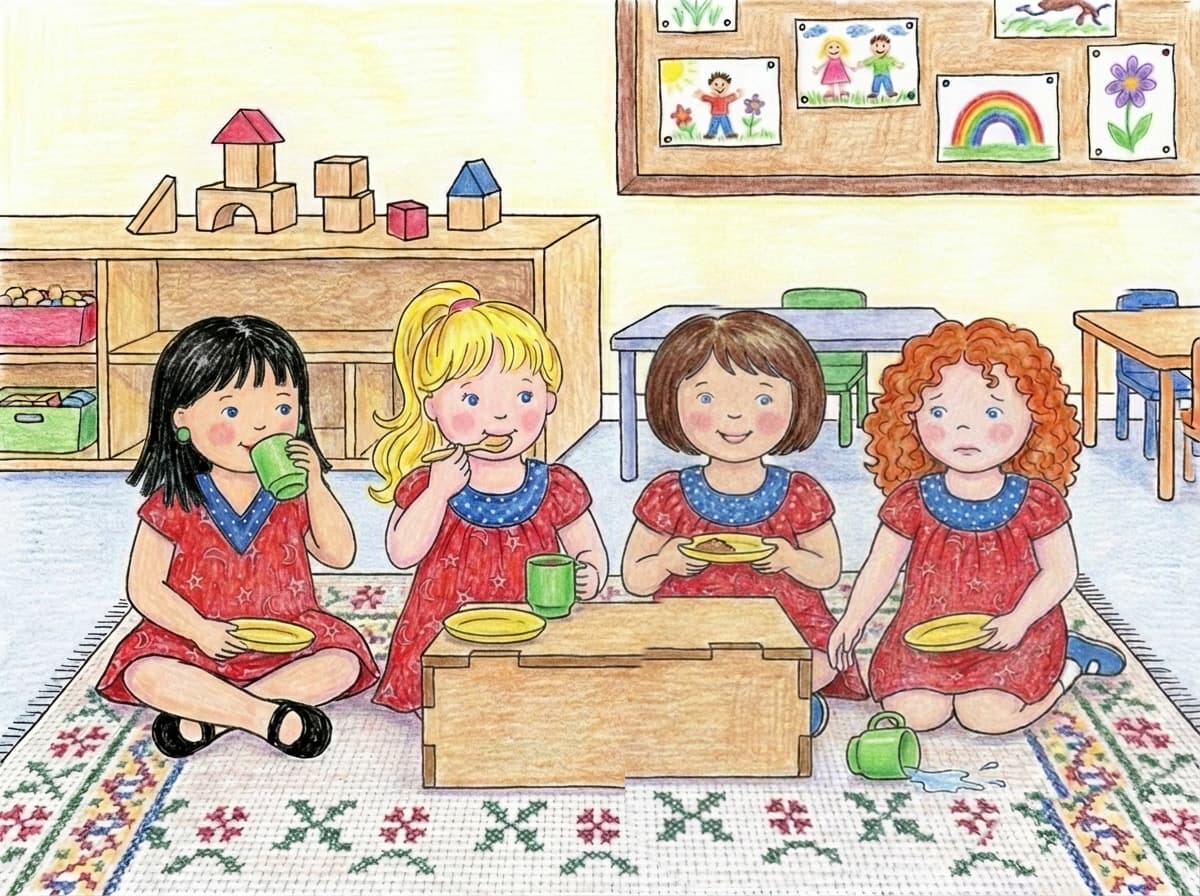 cuatro muñecas de lana con vestidos rojos sentadas alrededor de una mesita baja de madera; sobre la mesa hay platos amarillos y dos tacitas verdes de plástico, como si estuvieran merendando.