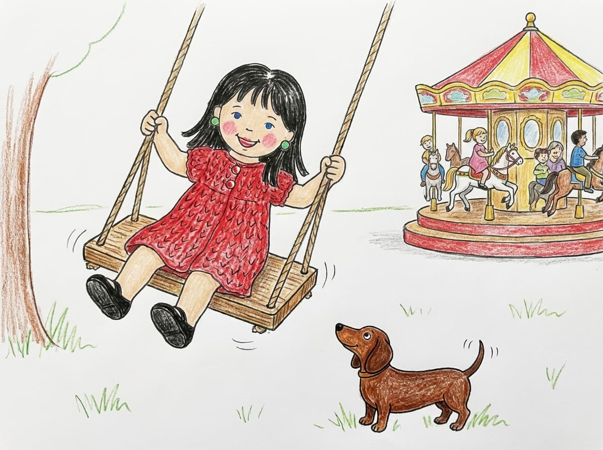 Pepita, la muñeca, sentada en una hamaca marrón dibujada; un perro marrón recortado con ojos grandes; a la izquierda un tronco y parte de un árbol dibujado con crayón; abajo a la derecha un dibujo recortado de una calesita con niños.