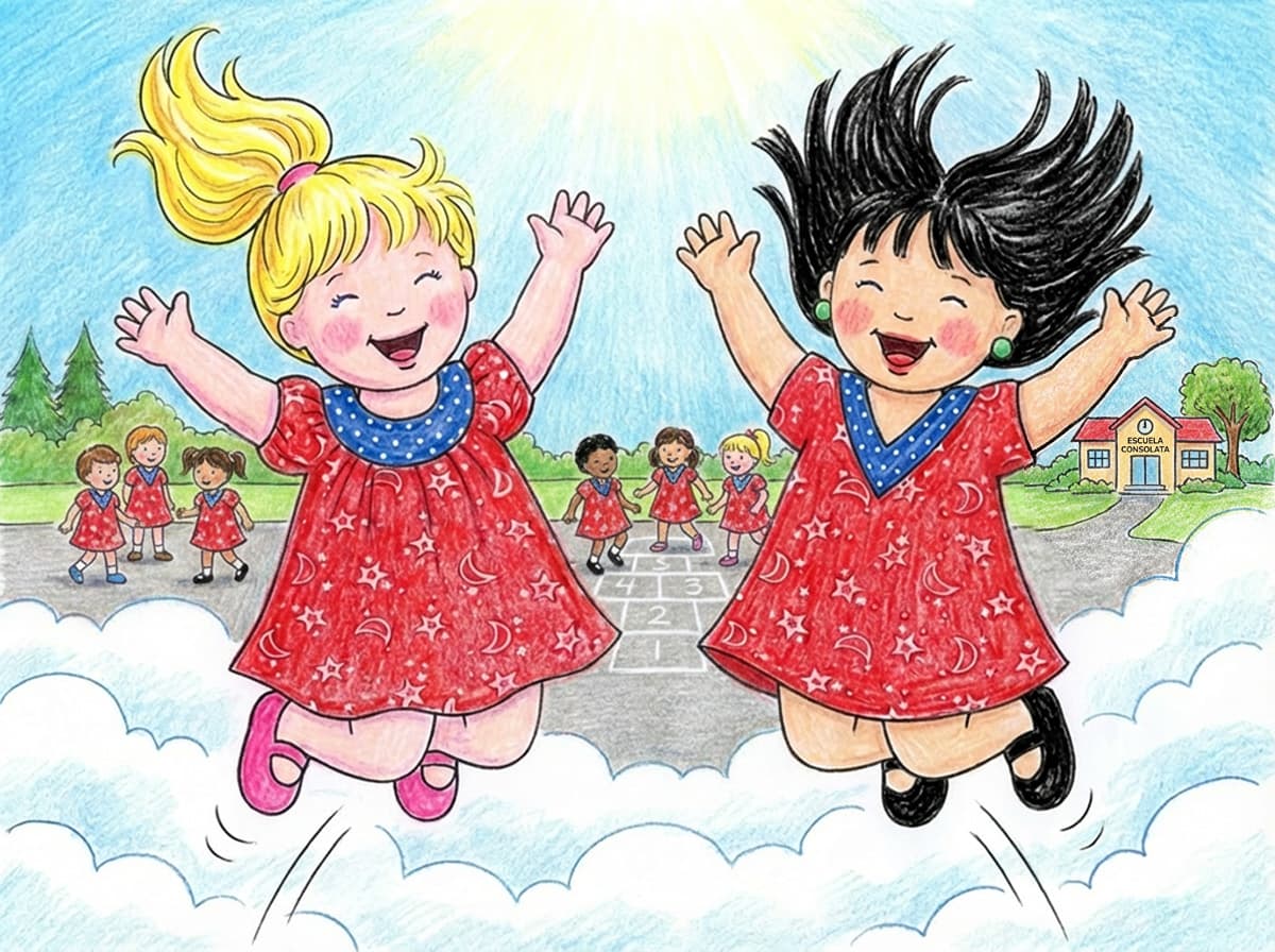 dos muñecas de lana con vestidos rojos, de pie una al lado de la otra sobre un mantel bordado de colores, como si estuvieran jugando.