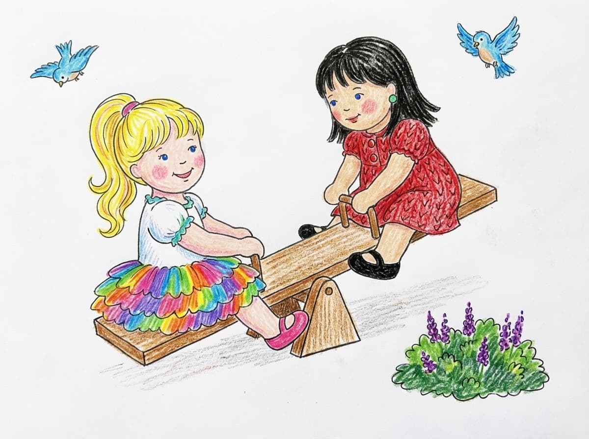 Pepita y Angelina (dos muñecas tejidas) sentadas en un sube y baja; alrededor hay recortes de pajaritos y pequeños trozos de césped; el sube y baja está hecho con cartón o madera pintada.