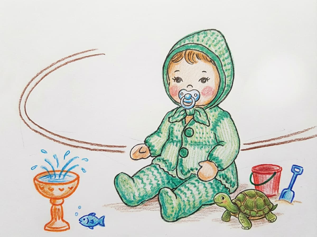 un muñeco bebé tejido acostado, con mameluco celeste; dibujos infantiles recortados de una pileta de agua (bebedero), un balde rojo, y líneas que representan el piso o caminos; estilo collage.