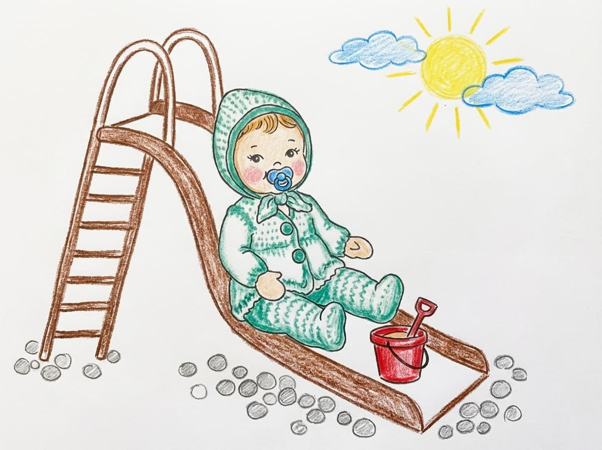 Bruno, el bebé tejido, bajando por un tobogán marrón dibujado; un sol amarillo dibujado arriba; piedras grises dibujadas alrededor; un hongo rojo decorativo a un costado.