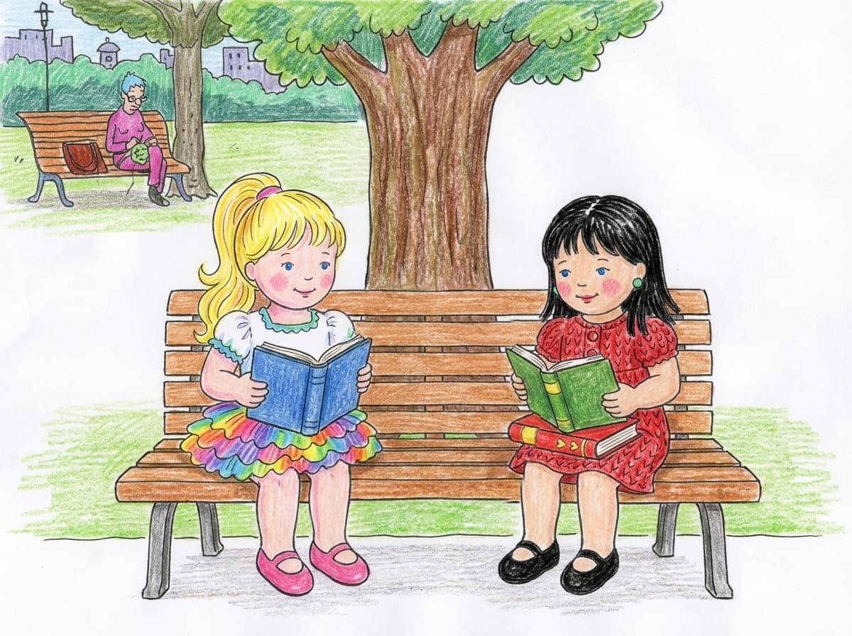 Pepita y Angelina sentadas (muñecas tejidas), una con un libro rojo grande; otra sentada sobre un banco marrón; detrás un recorte de una mujer leyendo cuentos en un parque; decoración con recortes de césped.