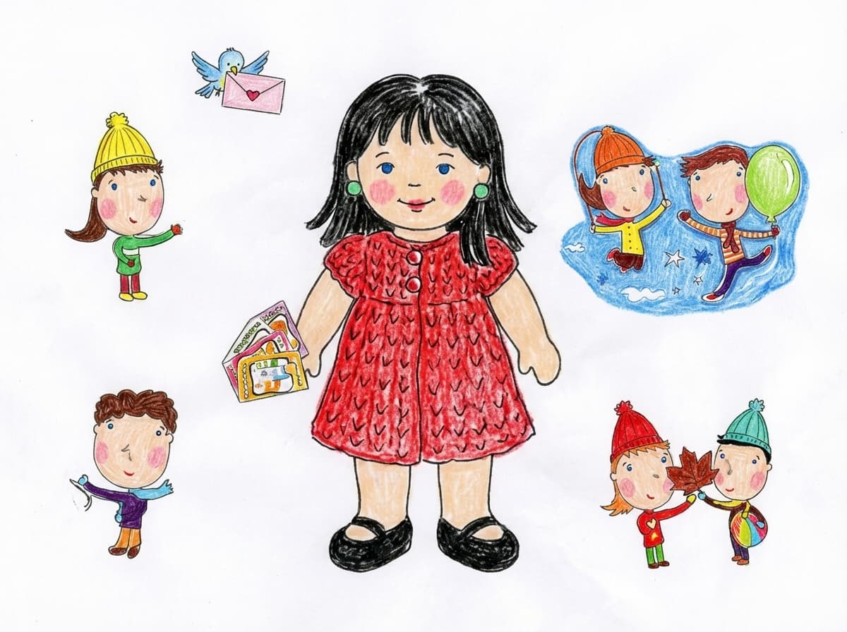 Pepita con vestido rojo, sosteniendo una tarjetita; alrededor hay recortes de niños dibujados (estilo caricatura) vestidos de fiesta y sosteniendo globos; un pajarito recortado volando encima.