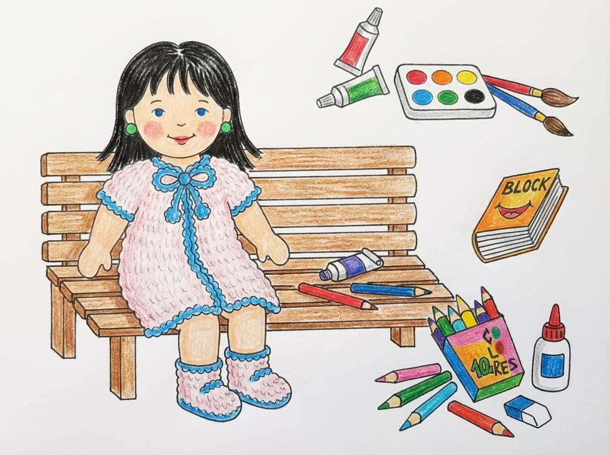 Pepita con pinceles y témperas alrededor; recortes de lápices, block de hojas, goma y una bandeja de acuarelas; Pepita está sentada sobre una superficie con trazos de pintura.