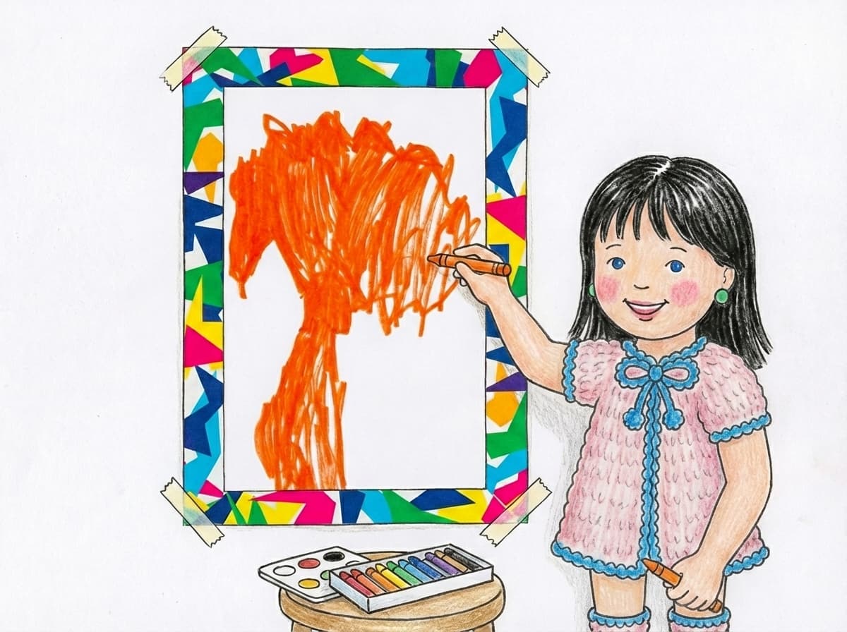 dibujo infantil de un árbol completamente naranja hecho con marcador; está dentro de un marco hecho con papeles de colores pegados (collage).